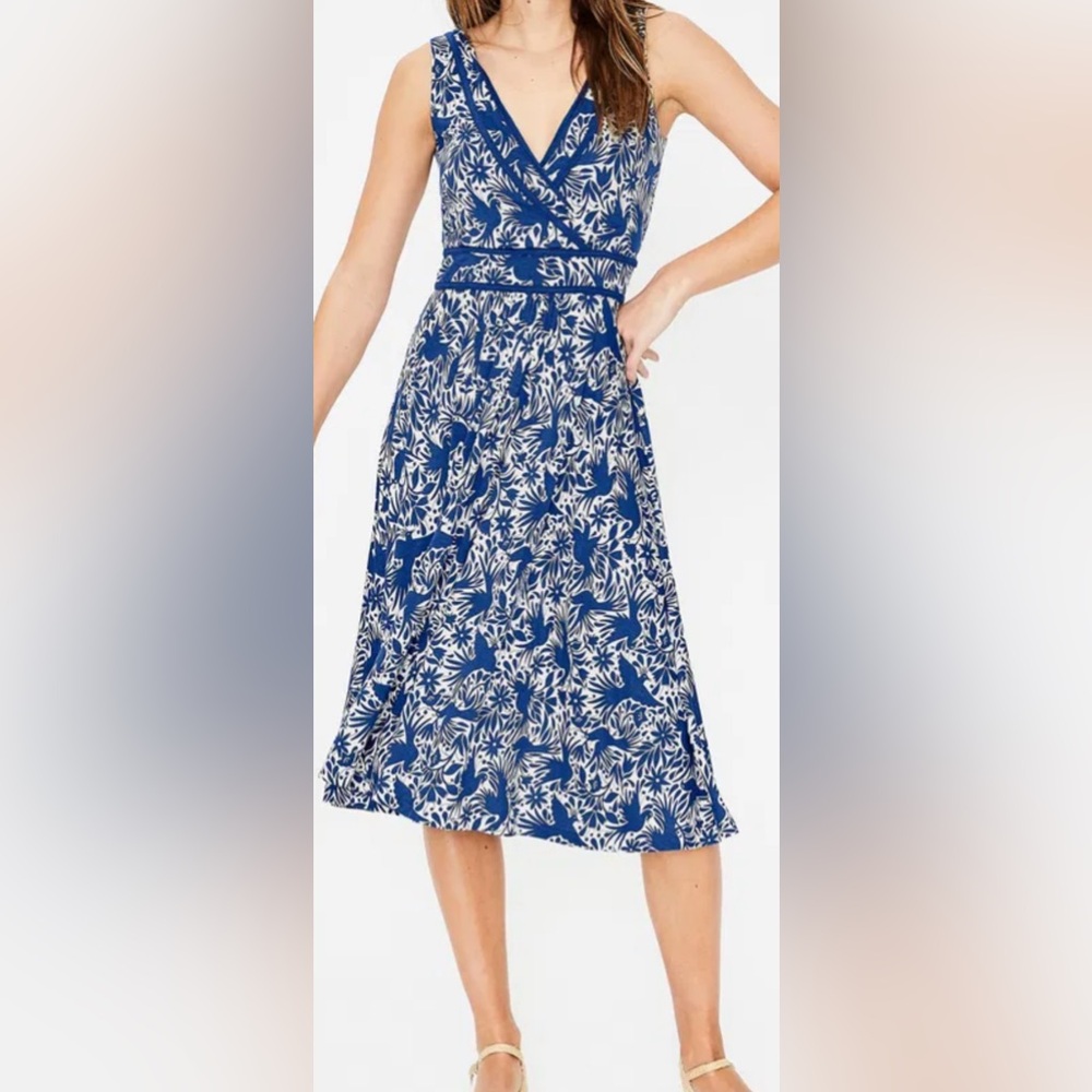 Boden Navy and Cream Leaf Print Midi Dress